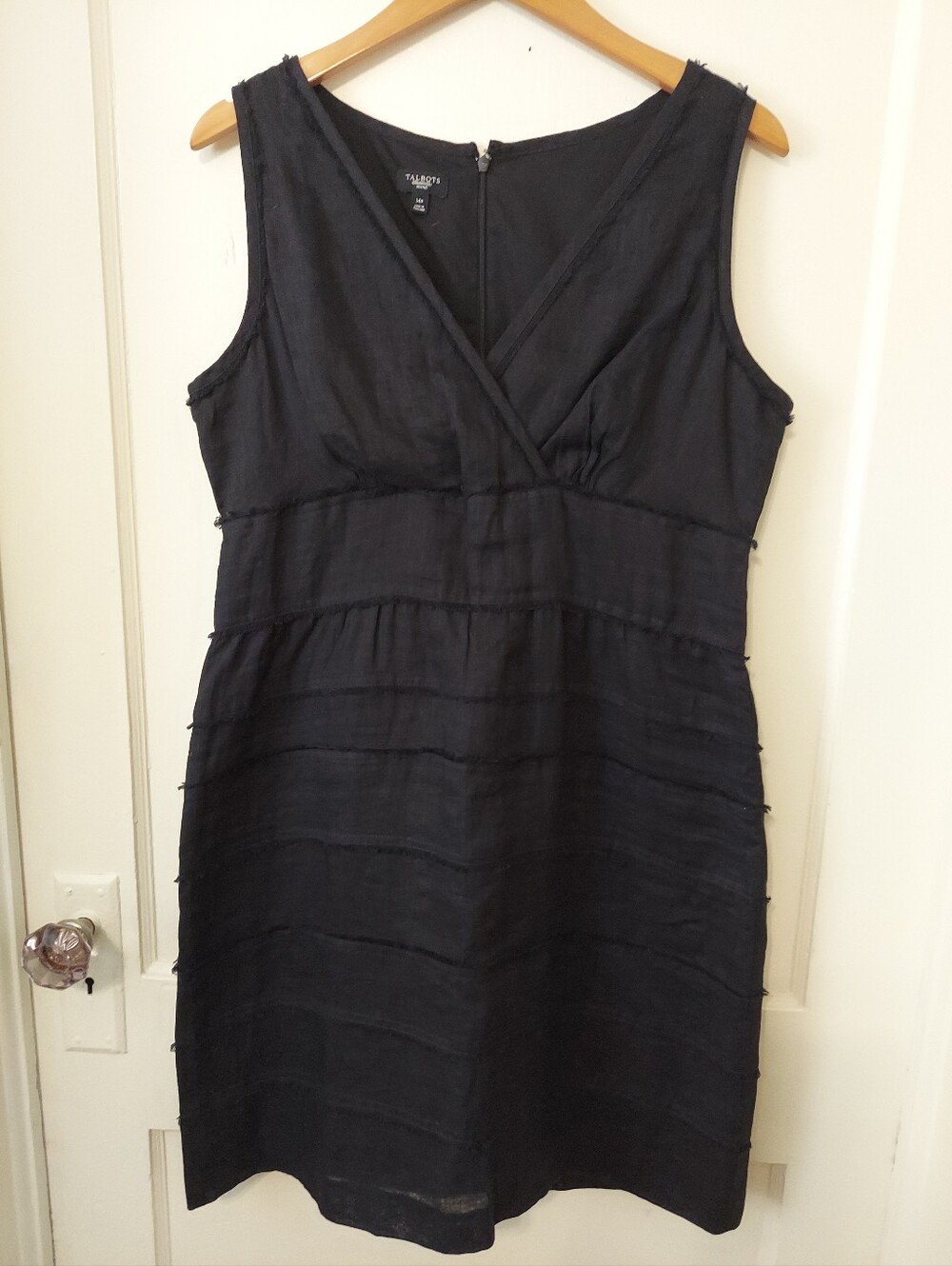 Talbots Linen Tiered Fringe Sheath Dress Womens 14P Black Minimalist
